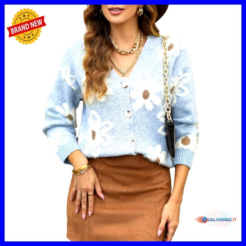 Floral Knit Cardigan Open Front V-Neck Chunky Cable Knit Sweater Elegant Chic